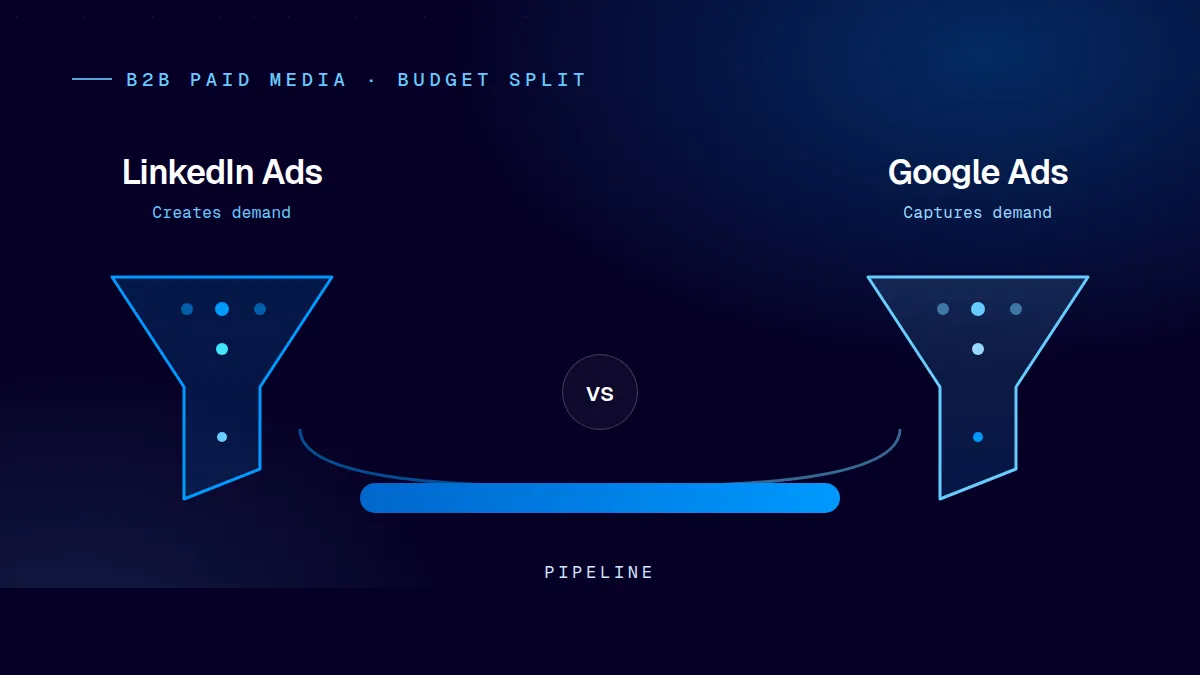 LinkedIn Ads vs Google Ads for B2B - budget split between demand generation and demand capture, funnels feeding one pipeline