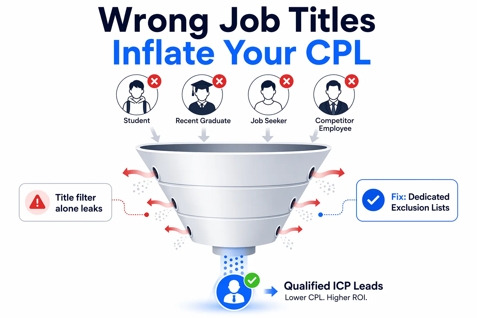Diagram showing students, recent graduates, job seekers, and competitor employees leaking into a LinkedIn audience without exclusion lists, inflating CPL