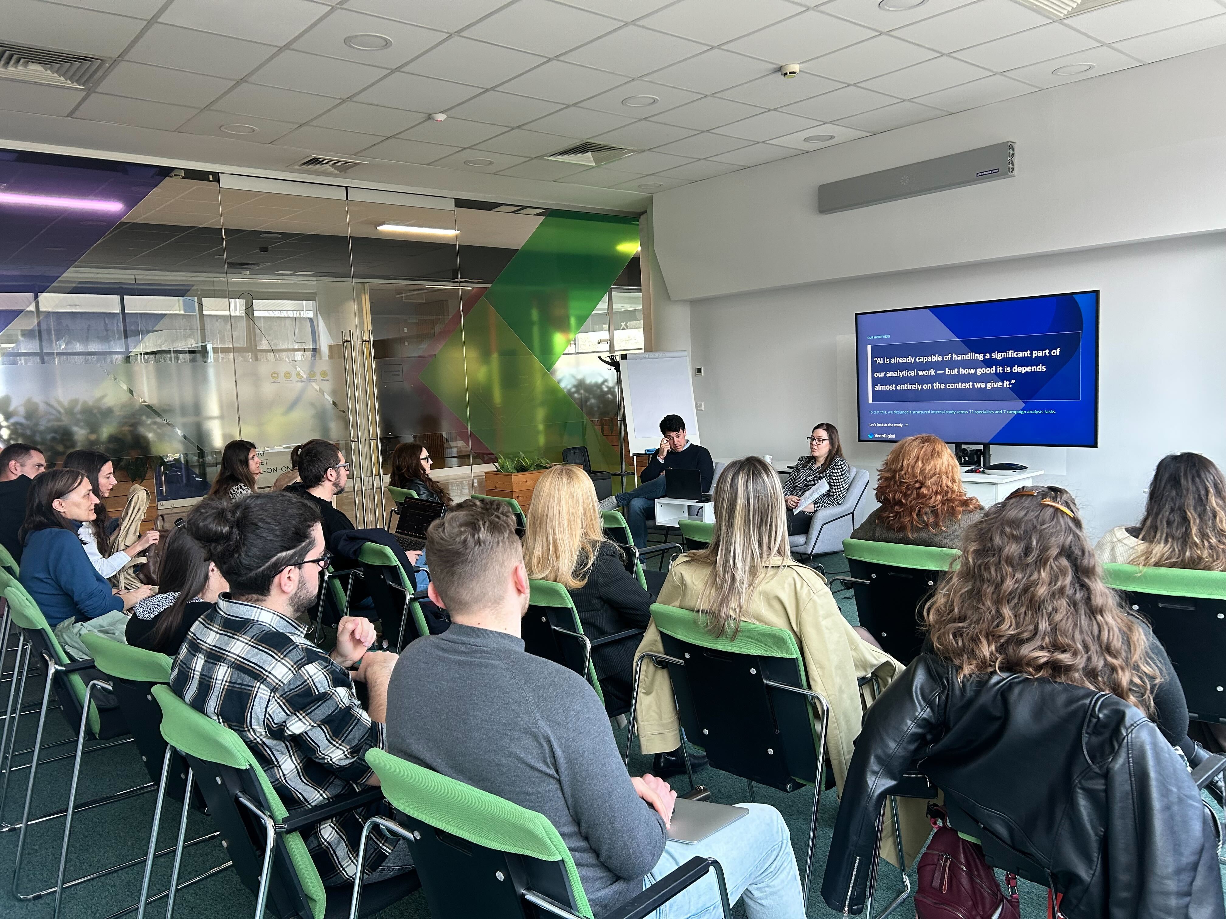 Rumyana Kercheva presenting at VertoTalks #20, Campus X Sofia, March 2026 - AI in advertising analysis